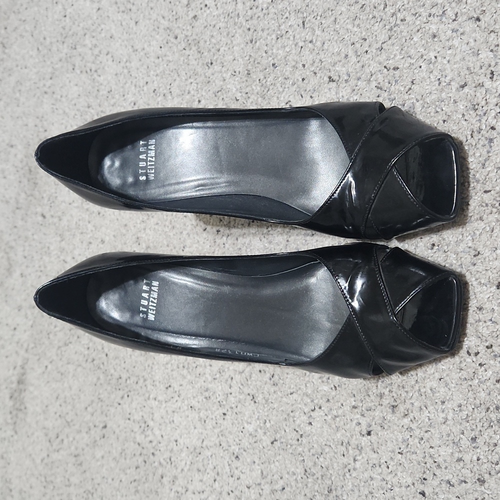 Vintage Stuart Weitzman Black Patent Leather Square Toe Open Heels Size 8 1/2 N
